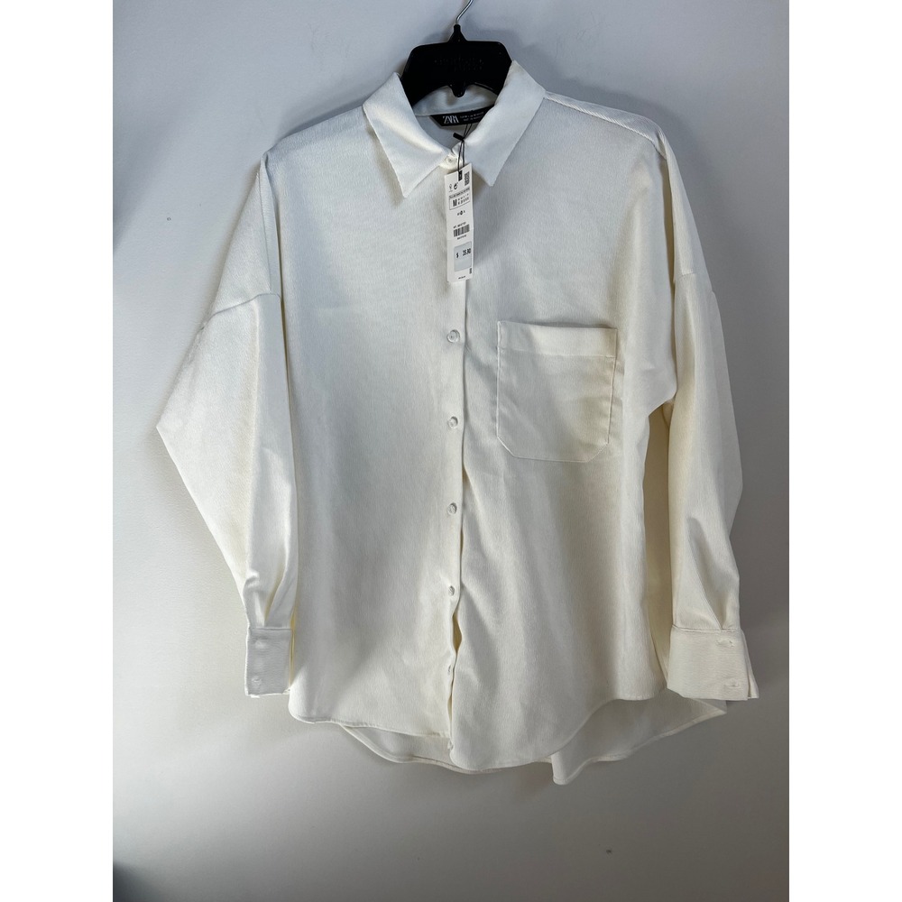 ZARA Women's Cream Corduroy Button Down Shirt Long‎ Sleeve Pocket Size M NWT